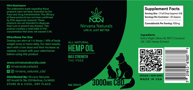 3000 MG Max Strength Pet Tincture / 1oz / 30 mL - Nirvana Naturals CBD